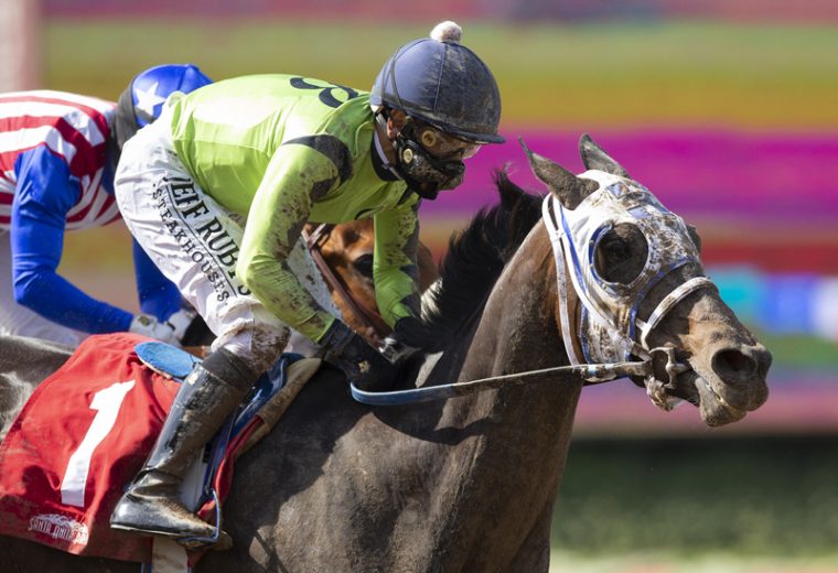 Smiling Shirlee and jockey Mike Smith win the $150,000 Evening Jewel Stakes, Saturday, May 16, 2020 at Santa Anita Park, Arcadia CA. © BENOIT PHOTO