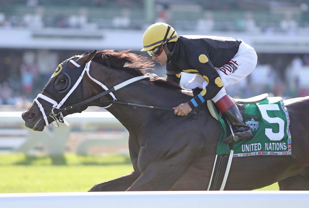 #5 Aquaphobia with Joe Bravo riding won the $300,000 Grade I United Nations Stakes at Monmouth Park in Oceanport, NJ on Saturday July 18, 2020. Photo By Bill Denver/EQUI-PHOTO