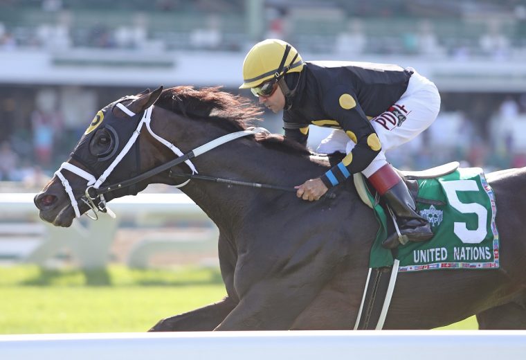 #5 Aquaphobia with Joe Bravo riding won the $300,000 Grade I United Nations Stakes at Monmouth Park in Oceanport, NJ on Saturday July 18, 2020. Photo By Bill Denver/EQUI-PHOTO