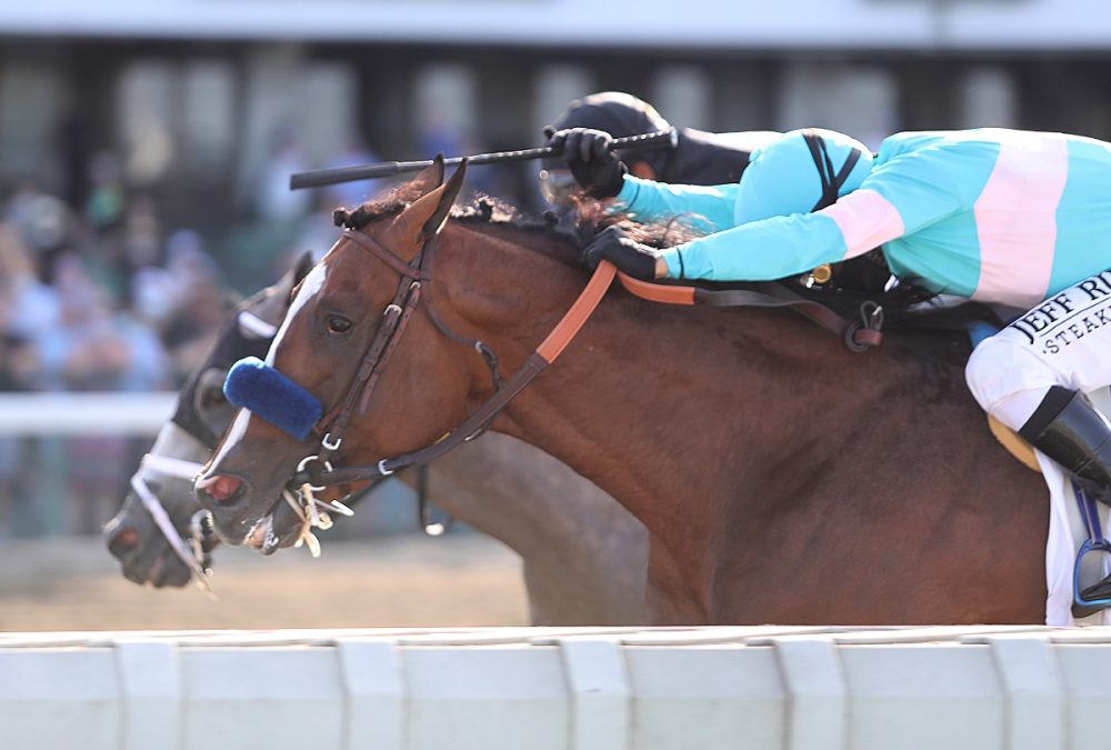 Authentic #2 with Mike Smith riding held off the challenge of Ny Traffic and Paco Lopez to win the $1,000,000 Grade I Haskell Stakes at Monmouth Park in Oceanport, NJ on Saturday July 18, 2020. Photo By Bill Denver/EQUI-PHOTO