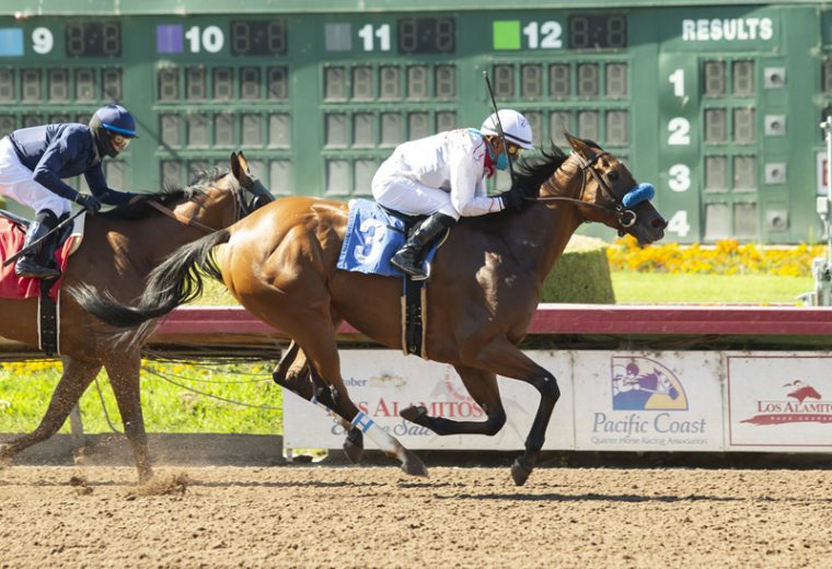 Sneaking Out and jockey Martin Garcia win the Grade II, $200,000 Great Lady M Stakes, Saturday, July 4, 2020 at Los Alamitos Race Course, Cypress CA. © BENOIT PHOTO