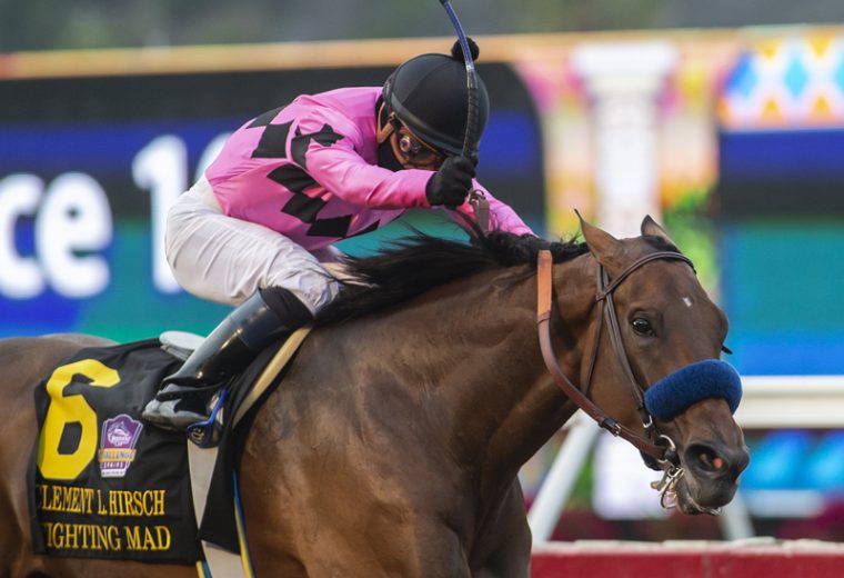 Gary and Mary West's Fighting Mad and jockey Abel Cedillo win the Grade I, 250,000 Clement L. Hirsch Stakes, Sunday, August 2, 2020 at Del Mar Thoroughbred Club, Del Mar CA. © BENOIT PHOTO