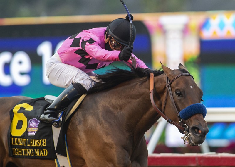 Gary and Mary West's Fighting Mad and jockey Abel Cedillo win the Grade I, 250,000 Clement L. Hirsch Stakes, Sunday, August 2, 2020 at Del Mar Thoroughbred Club, Del Mar CA. © BENOIT PHOTO
