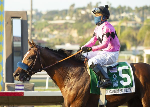 Jockey Abel Cedillo guides Maximum Security to the winner's circle after their victory in the Grade I, $500,000 TVG Pacific Classic, Saturday, August 22, 2020 at Del Mar Thoroughbred Club, Del Mar CA. © BENOIT PHOTO