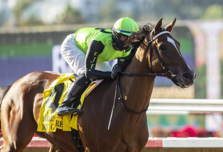 Erich G. Brehm's My Girl Red and jockey Flavien Prat win the Grade II, $150,000 Sorrento Stakes, Friday, August 7, 2020 at Del Mar Thoroughbred Club, Del Mar CA. © BENOIT PHOTO