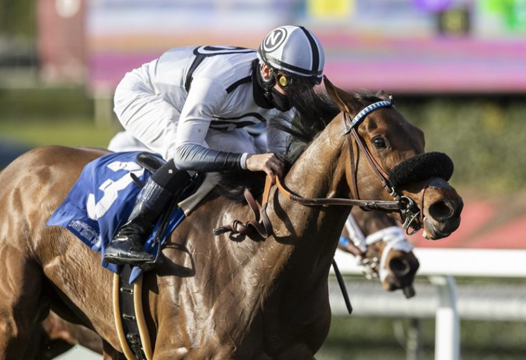 Going Global and jockey Flavien Prat win the Grade III, $100,000 Sweet Life Stakes, Sunday, February 14, 2021 at Santa Anita Park, Arcadia CA. © BENOIT PHOTO