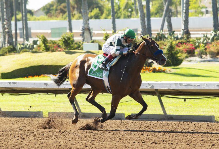 Gamine and jockey John Velazquez win the Grade II, $200,000 Great Lady M Stakes, Monday, July 5, 2021 at Los Alamitos Race Course, Cypress CA. © BENOIT PHOTO