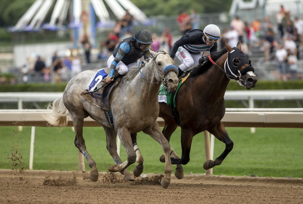 American Theorem and jockey Joe Bravo, left, overpower Principe Carlo (Kyle Frey), right, to win the Grade II, $200,000 Triple Bend Stakes, Sunday, Mayt 29, 2022 at Santa Anita Park, Arcadia CA. © BENOIT PHOTO