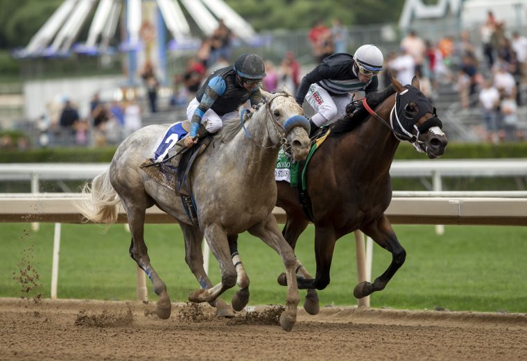 American Theorem and jockey Joe Bravo, left, overpower Principe Carlo (Kyle Frey), right, to win the Grade II, $200,000 Triple Bend Stakes, Sunday, Mayt 29, 2022 at Santa Anita Park, Arcadia CA. © BENOIT PHOTO