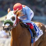 Roberta’s Love and jockey Lanfranco Dettori win the $125,000 Evening Jewel Stakes Saturday, April 6, 2024 at Santa Anita Park, Arcadia, CA. The three-old California-bred filly is owned by BG Stables and Royalty Stable and trained by Hector O. Palma. Benoit Photo
