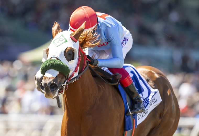 Roberta’s Love and jockey Lanfranco Dettori win the $125,000 Evening Jewel Stakes Saturday, April 6, 2024 at Santa Anita Park, Arcadia, CA. The three-old California-bred filly is owned by BG Stables and Royalty Stable and trained by Hector O. Palma. Benoit Photo