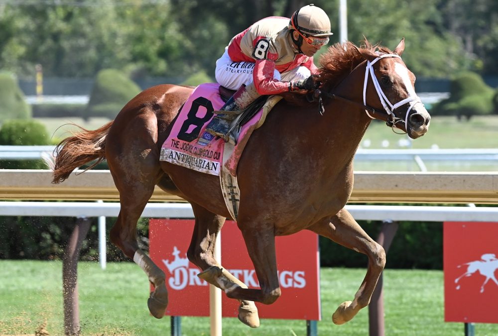 John Velazquez ganando con Antiquarian para Todd Pletcher - Coglianese Photo