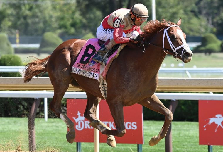 John Velazquez ganando con Antiquarian para Todd Pletcher - Coglianese Photo