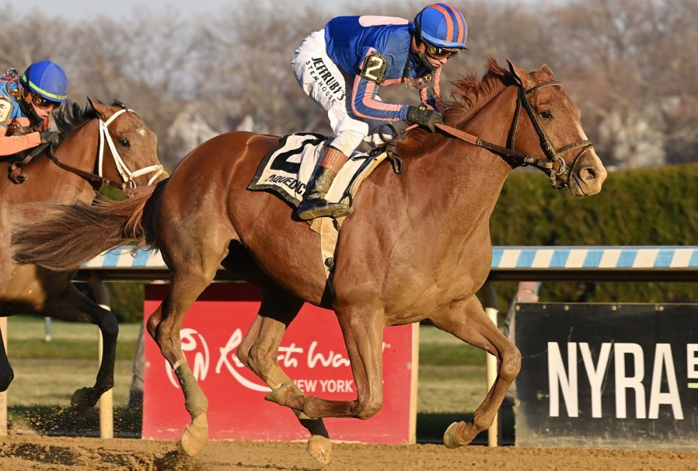 Flavien Prat ganando el Remsen Stakes G2 con Paladin - Coglianese Photo