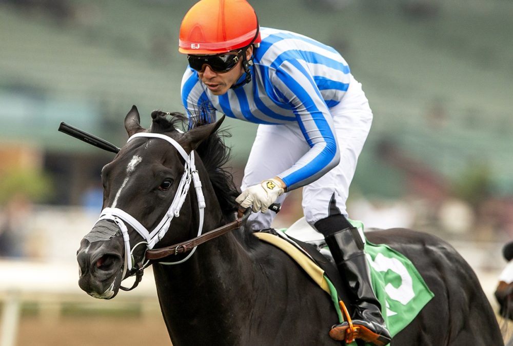 Bust Out and jockey Emisael Jaramillo win the $100,000 Cinema Stakes – Santa Anita Park, Arcadia, CA. – Benoit Photo