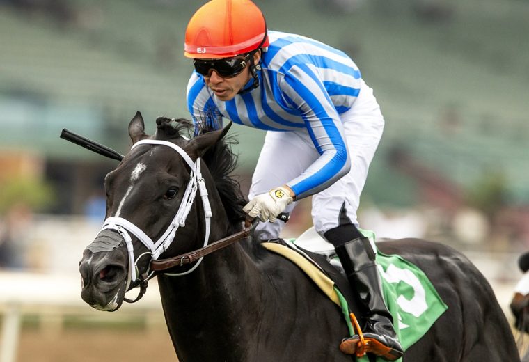 Bust Out and jockey Emisael Jaramillo win the $100,000 Cinema Stakes – Santa Anita Park, Arcadia, CA. – Benoit Photo