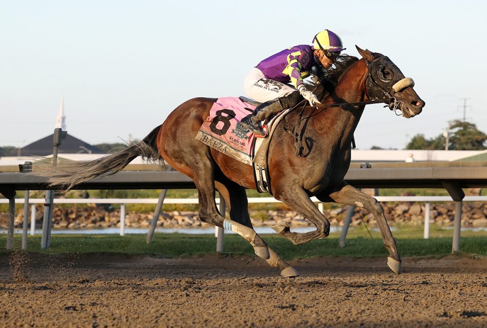 Baeza ganando el Pennsylvania Derby G1 $1,000,000 en Parx Racing. Photo by Nikki ShermanEQUI-PHOTO